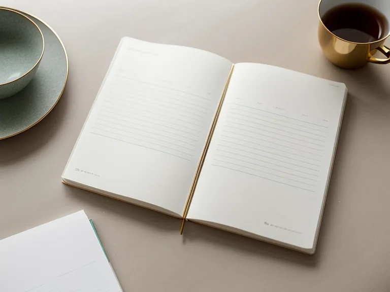 Carnet de notes ouvert avec un stylo en laiton sur table en bois clair