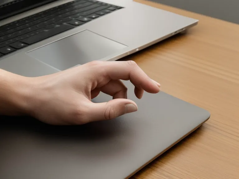 Gros plan d'une main fermant un ordinateur portable sur un bureau en bois clair.