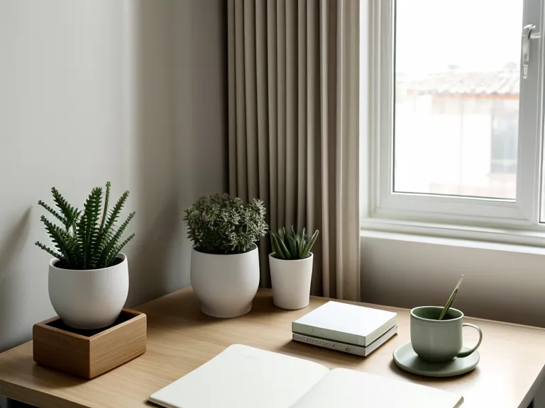 Tasse en céramique et plante verte sur un bureau en bois clair, pause courte pour préserver la concentration et limiter la fatigue mentale