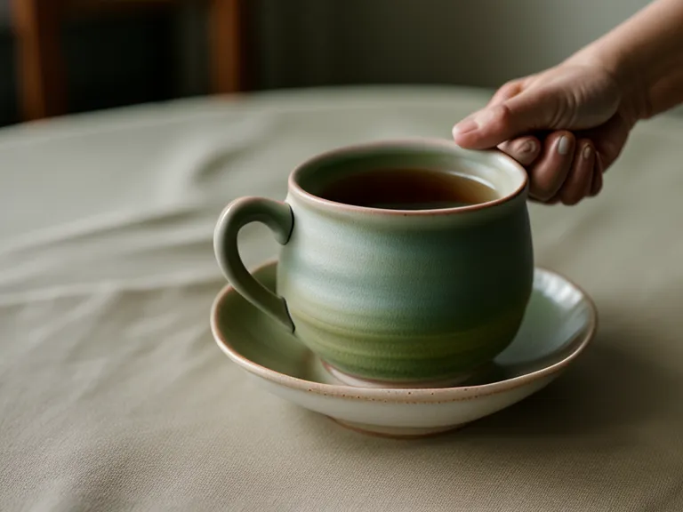 Main tenant une tasse de thé chaude, symbole d'ancrage et de calme intérieur.