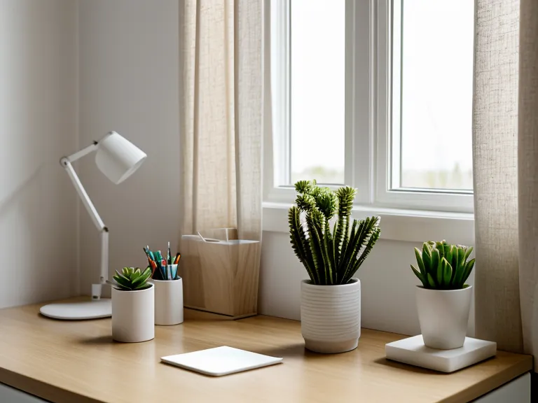 Plante verte et carnet de notes rangé sur un bureau en bois clair, ambiance calme pour préserver sa santé mentale au travail