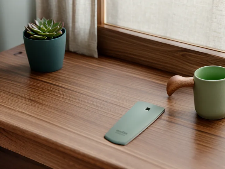 Tasse en céramique et plante grasse sur un bureau en bois clair, symbole de productivité douce et de pause consciente au travail